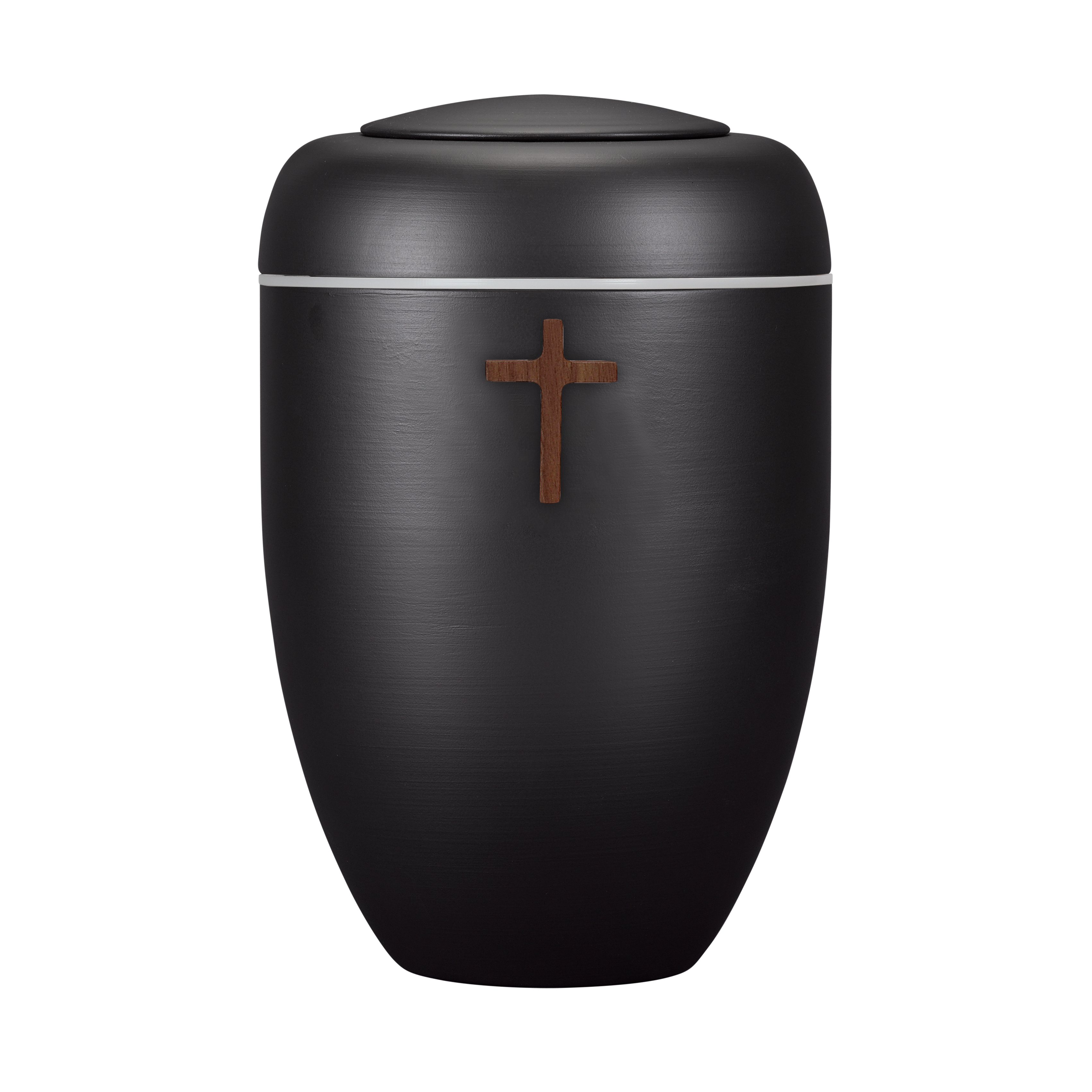 Schwarze Symbol-Urne mit Holzkreuz und weißer Plexiglasscheibe